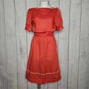 VTG 70s JCPenney Red & White Polka Dot Day Dress w Puff Sleeves